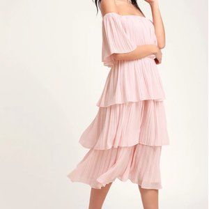 Gala Ready Blush Pink Off-the-Shoulder Ruffle Midi Dress